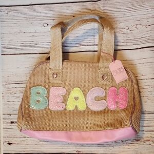 Stylish Tan Beach Bag with Colorful Accents